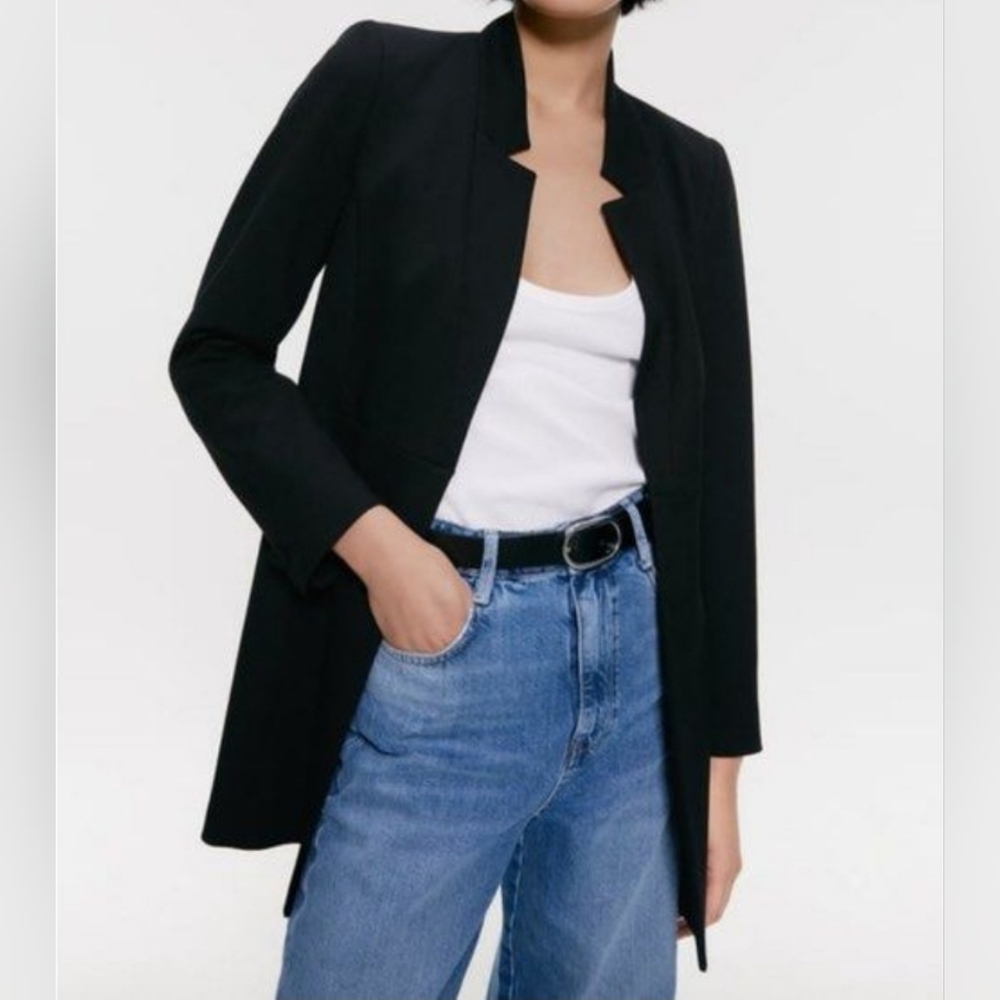 Zara NWT Black Notch Collar Long Blazer